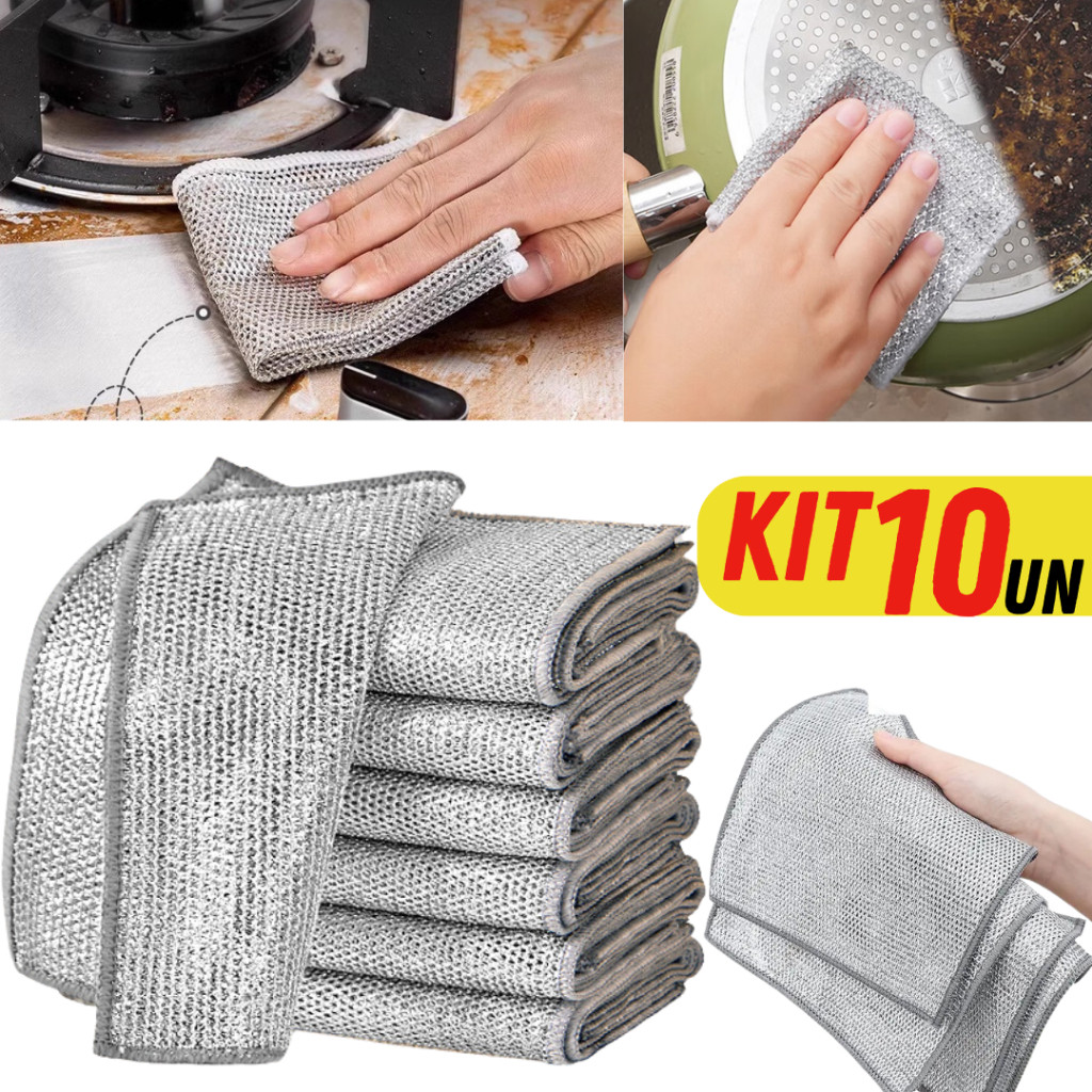 Kit 10 Panos De Limpeza Aço Malha Toalha Arear Panela Fogão Louça Tira Gordura Reutilizável