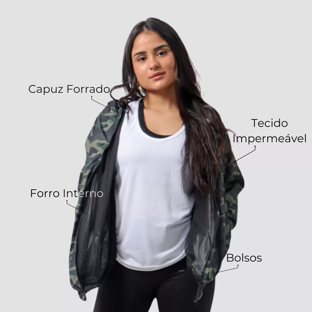 Corta Vento Feminino Impermeável Com Capuz Camuflado Confort
