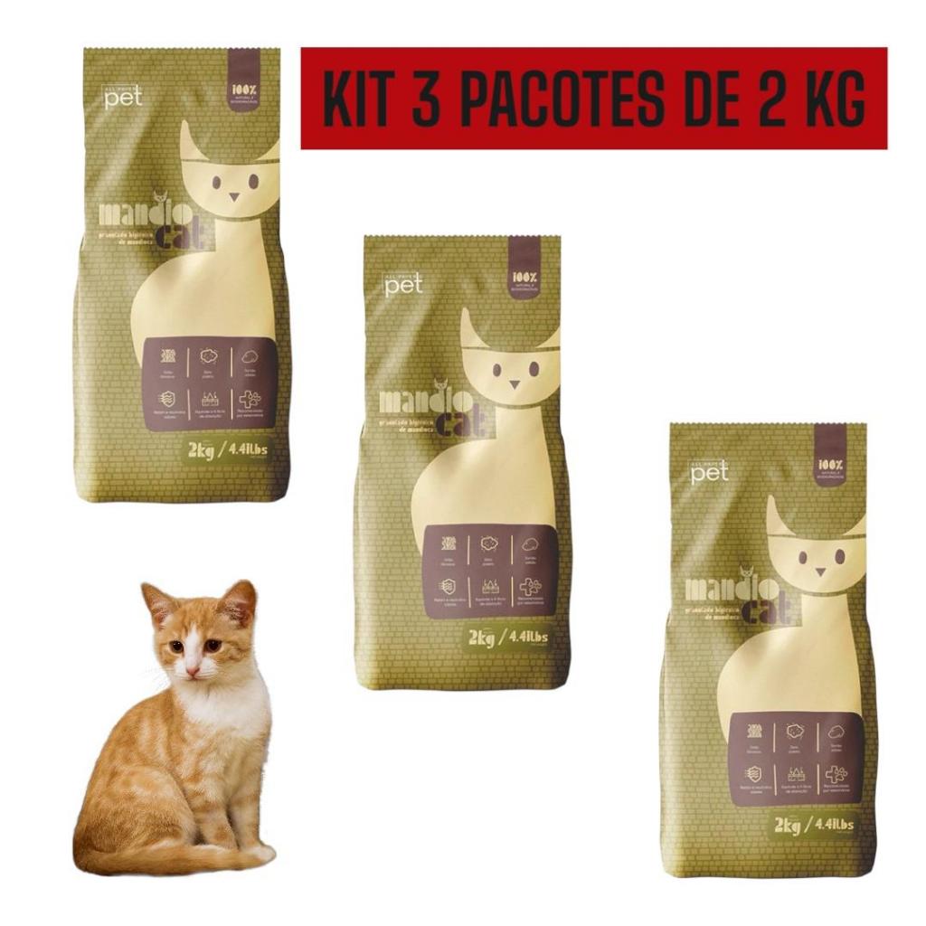 Kit 3 Pacotes de 2KG cada de Areia Higiênica de Mandioca Biodegradável para Gatos MandioCat