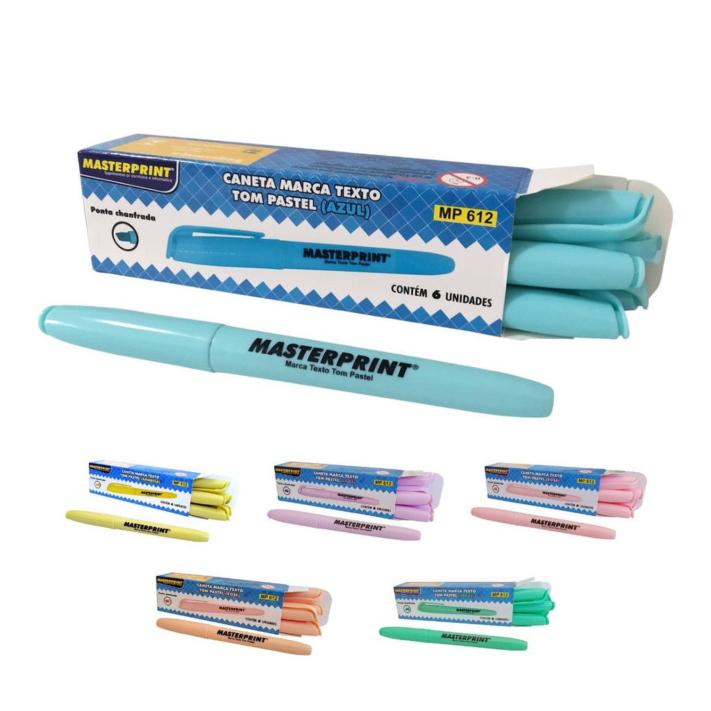 Marca Texto Tom Pastel com Ponta Chanfrada MP 612 Masterprint Caixa com 6 Canetas
