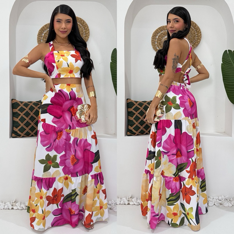 Conjunto Saia Longa e Cropped De Alça Amarração Estampa Floral Estampado Tropical Moda Estilo Paty N