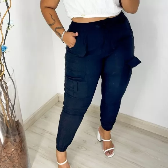 Calça Feminina Bengaline Cargo Plus Size Cintura 