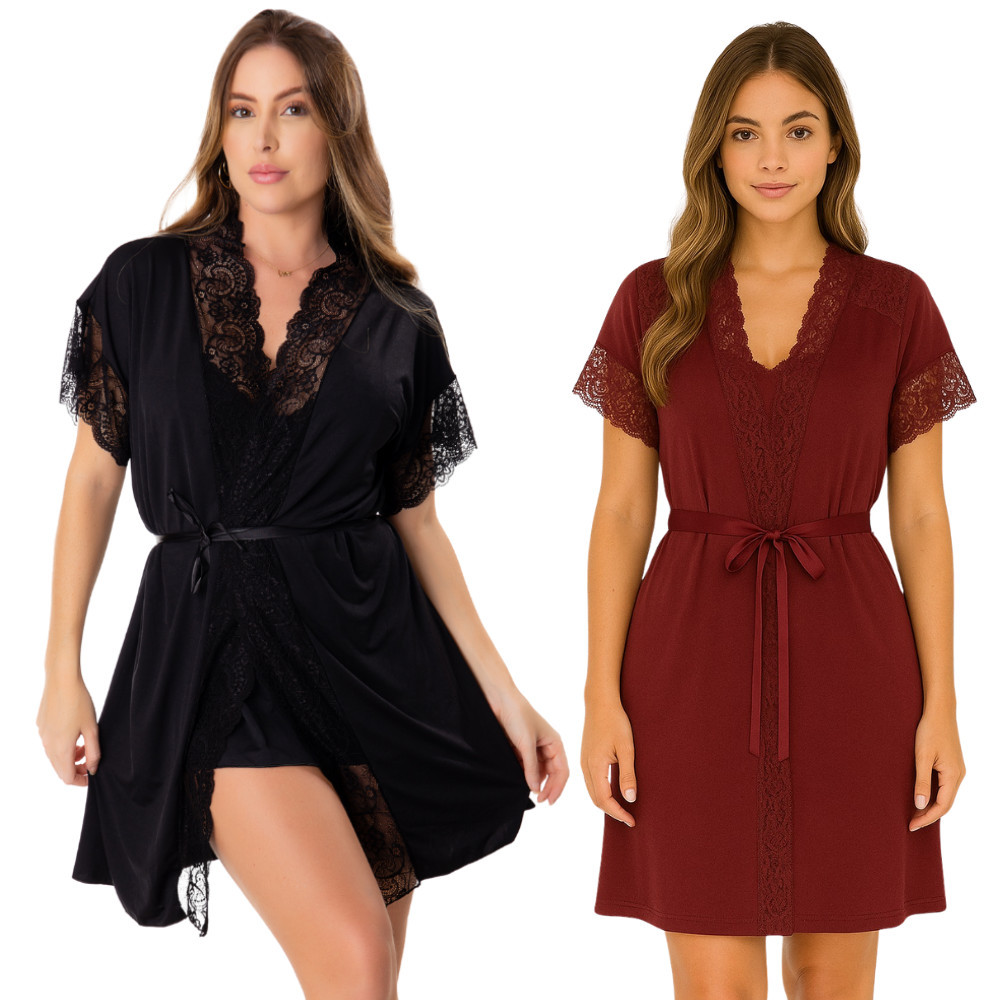 Kit 2 Robe Com Renda Hobby Feminino Roupão Linha Noite Kimono Noiva