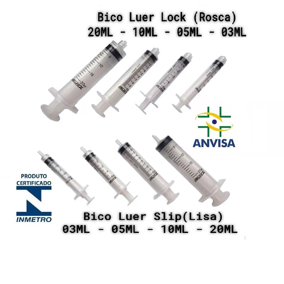 Seringa de 3ML / 5ML / 10ML / 20ML Bico Luer Slip (Liso) ou Luer Lock (Rosca) – Melhor preço e melho