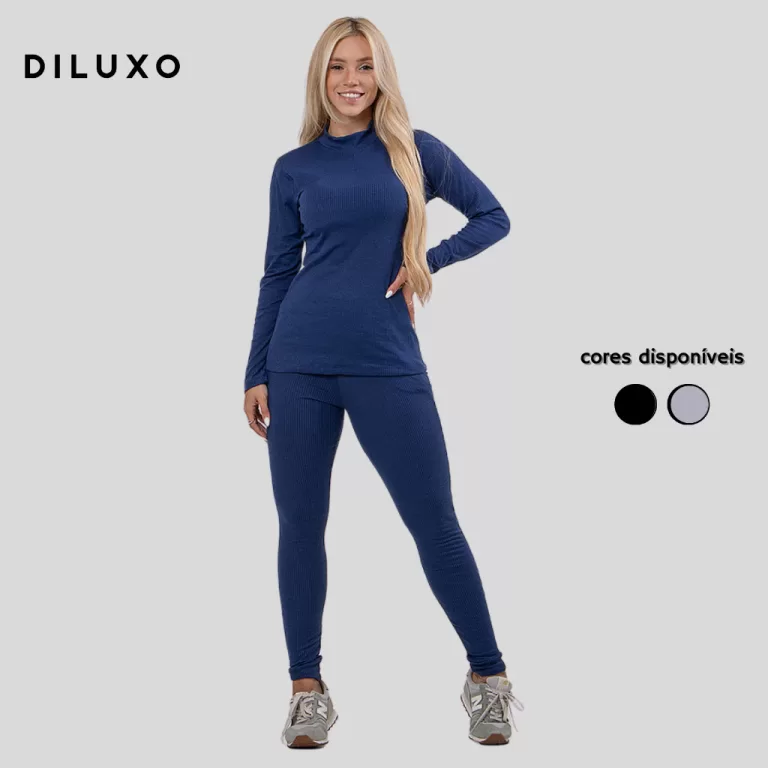 Conjunto Canelado Blusa Manga Longa Gola Alta + Ca