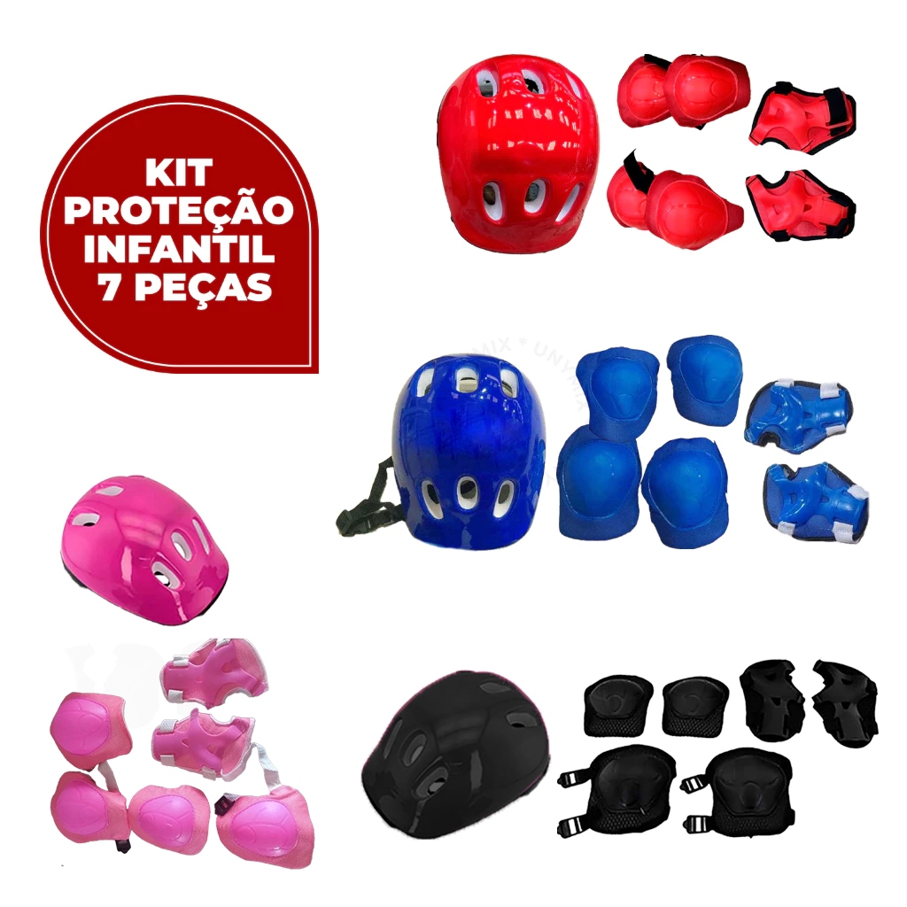 Kit Proteção Infantil 7 Peças – Capacete Joelheira Cotoveleira Luvas – Bicicleta Patinete Skate Pati