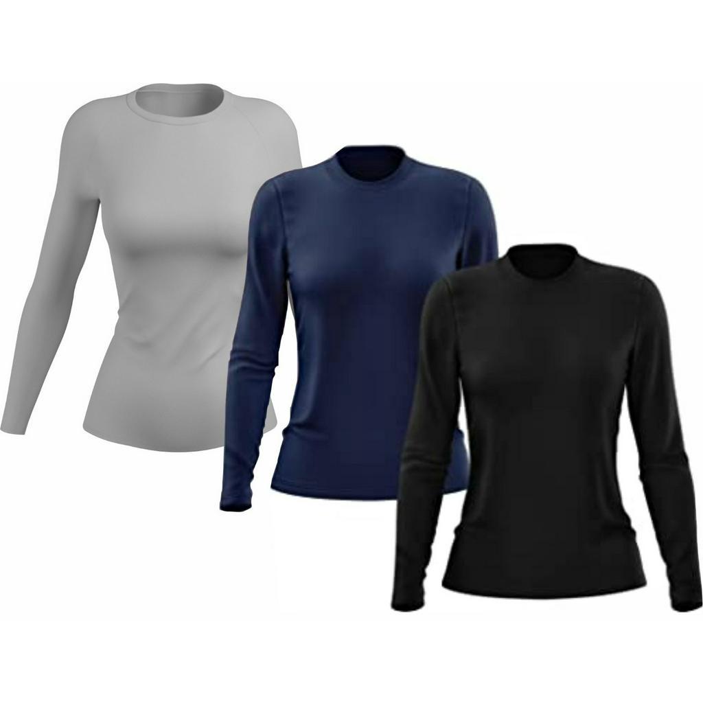 Kit 3 Camisetas Térmicas Femininas Segunda Pele Manga Longa Proteção UV 50+