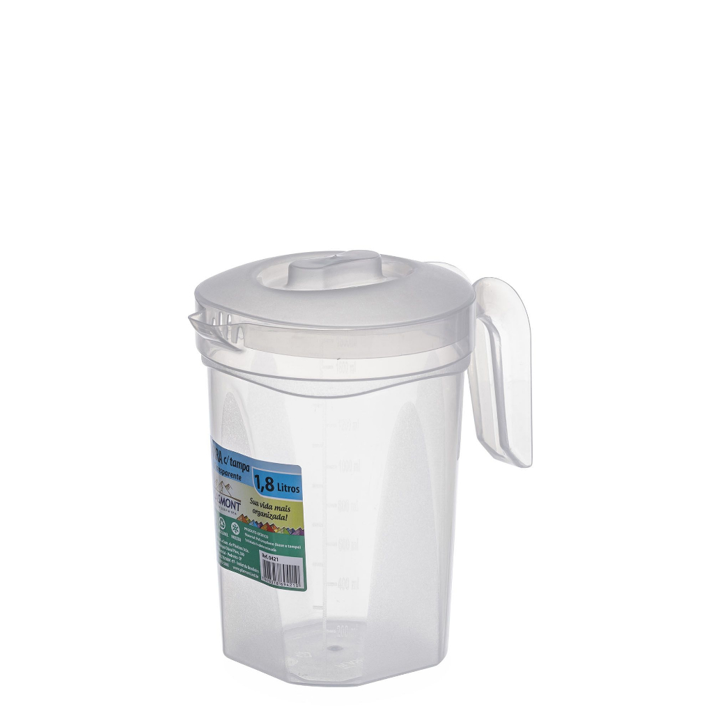 Kit 5 Jarras Plástica 1,8 Litros Transparente Com Tampa Alça Suco Água