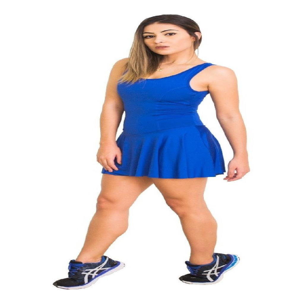 Macaquinho Vestido Fitness Short Saia Suplex Power Azul Pequeno