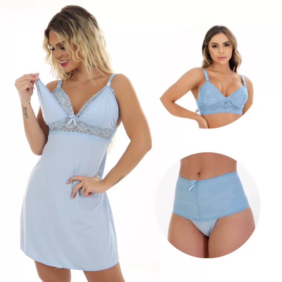 Kit Amamentação Camisola + Sutiã + Calcinha Rendada Pós Parto para Maternidade