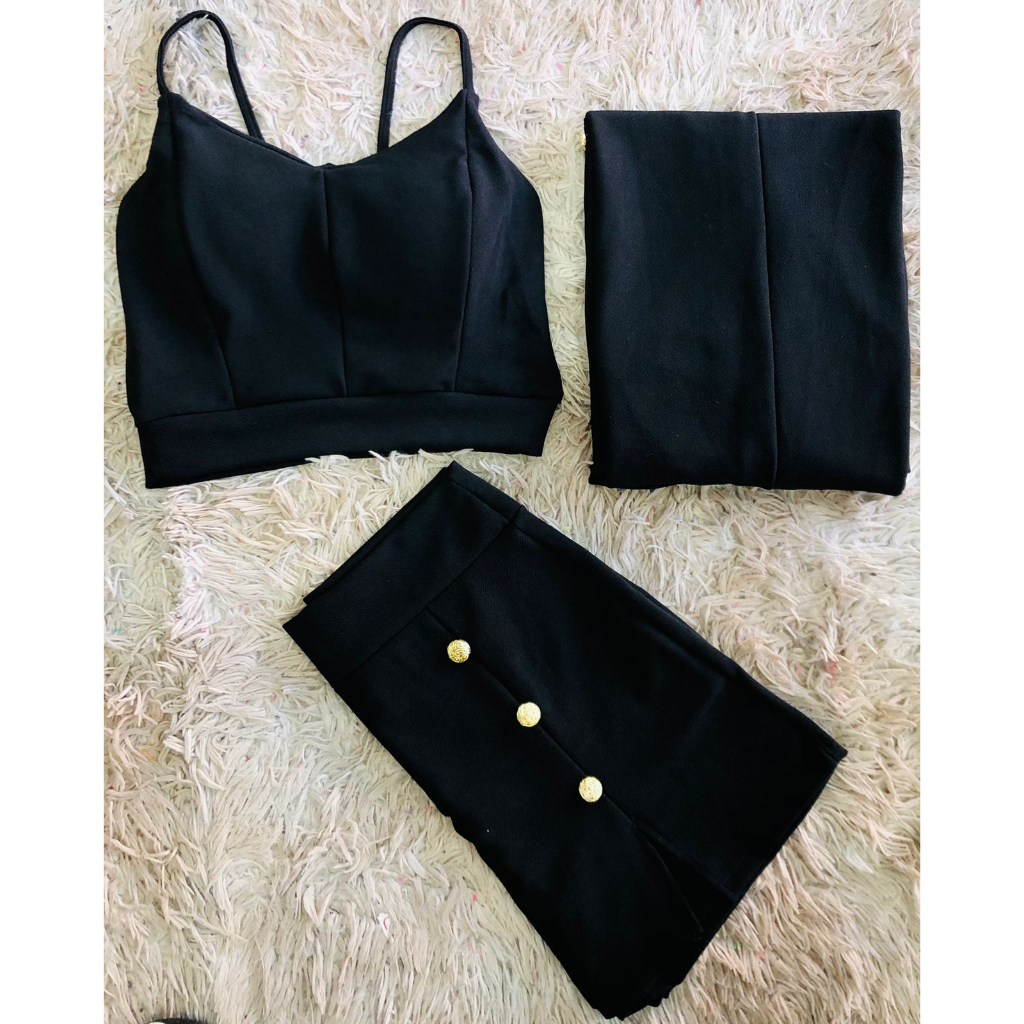 CONJUNTO TOP BLAZER MANGA LONGA  E CHORS FEMININO TAMANHO UNICO PLUSAIZE