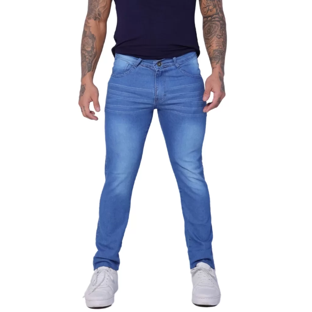 Calça Skinny Masculina Azul Claro com Bigode de Gato com Elastano