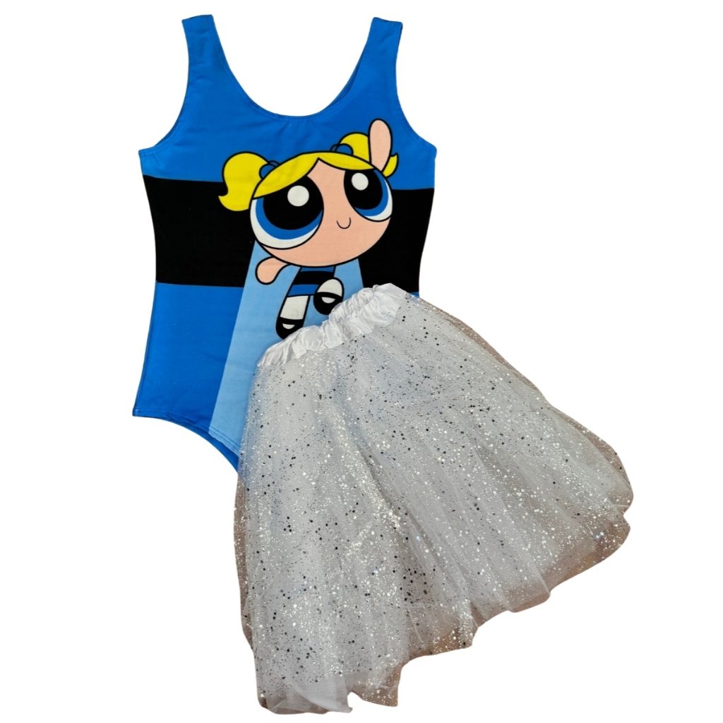 Kit 2 peças Fantasia Carnaval Cospla Meninas Super Poderosa Body Estampado Saia Tutu Tule Glitter C