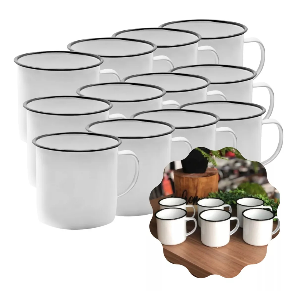 Kit C/12 Xícaras-Canecas 80ml Esmaltadas Xícaras Rusticas Café Chá Multiuso  Retro Café Chá Bebida
