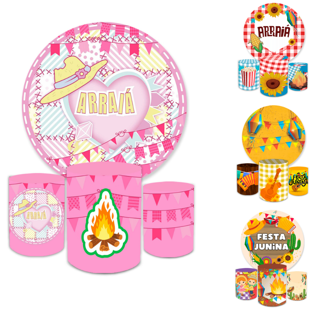 Trio Capa Cilindros Veste Fácil + Capa Painel Redondo 1,50 Arraiá Festa Junina Fogueira Junho