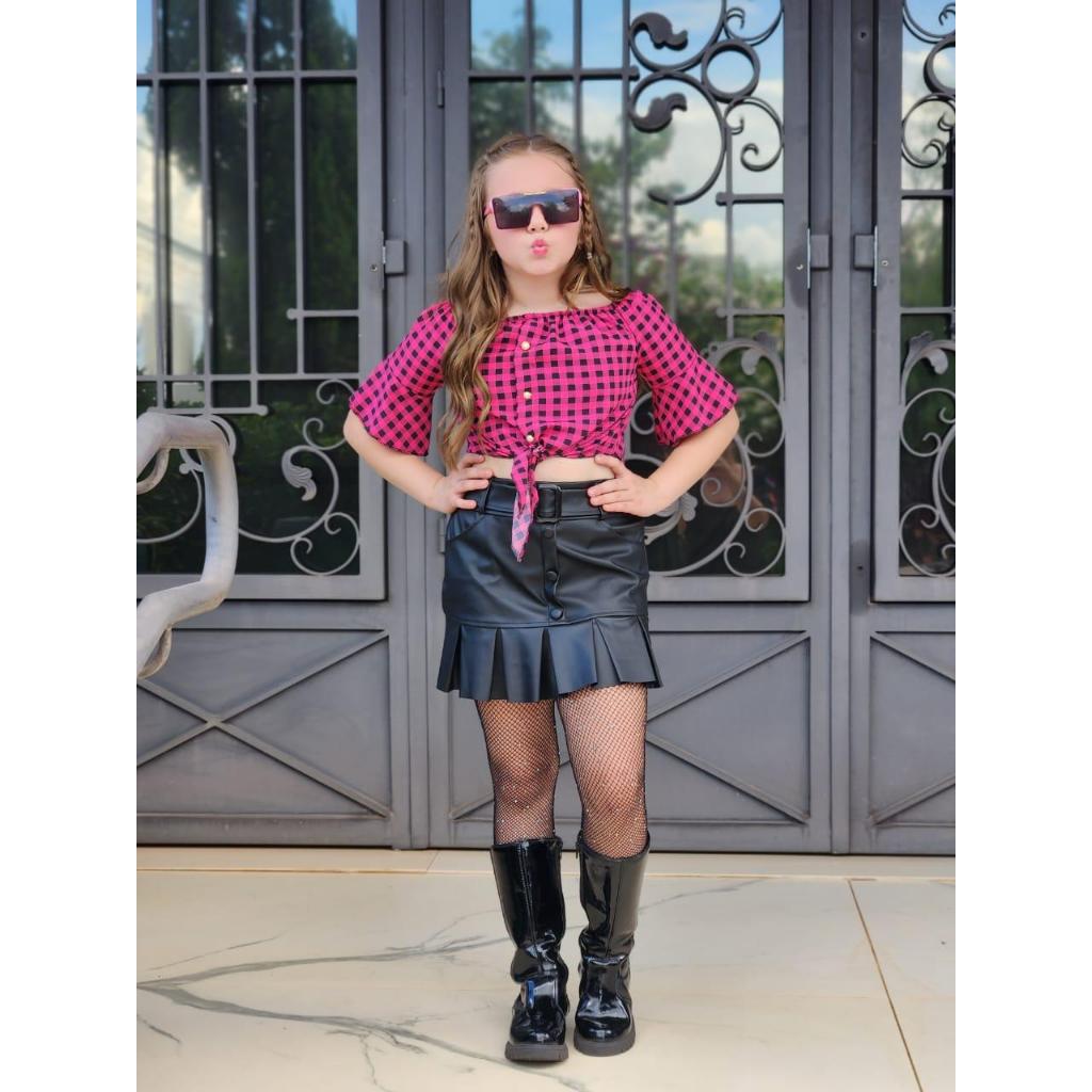 Kit 3 Peças Infantil Cropped Xadrez De Amarrar + Saia Com Cinto + Meia De Stras Moda Menina