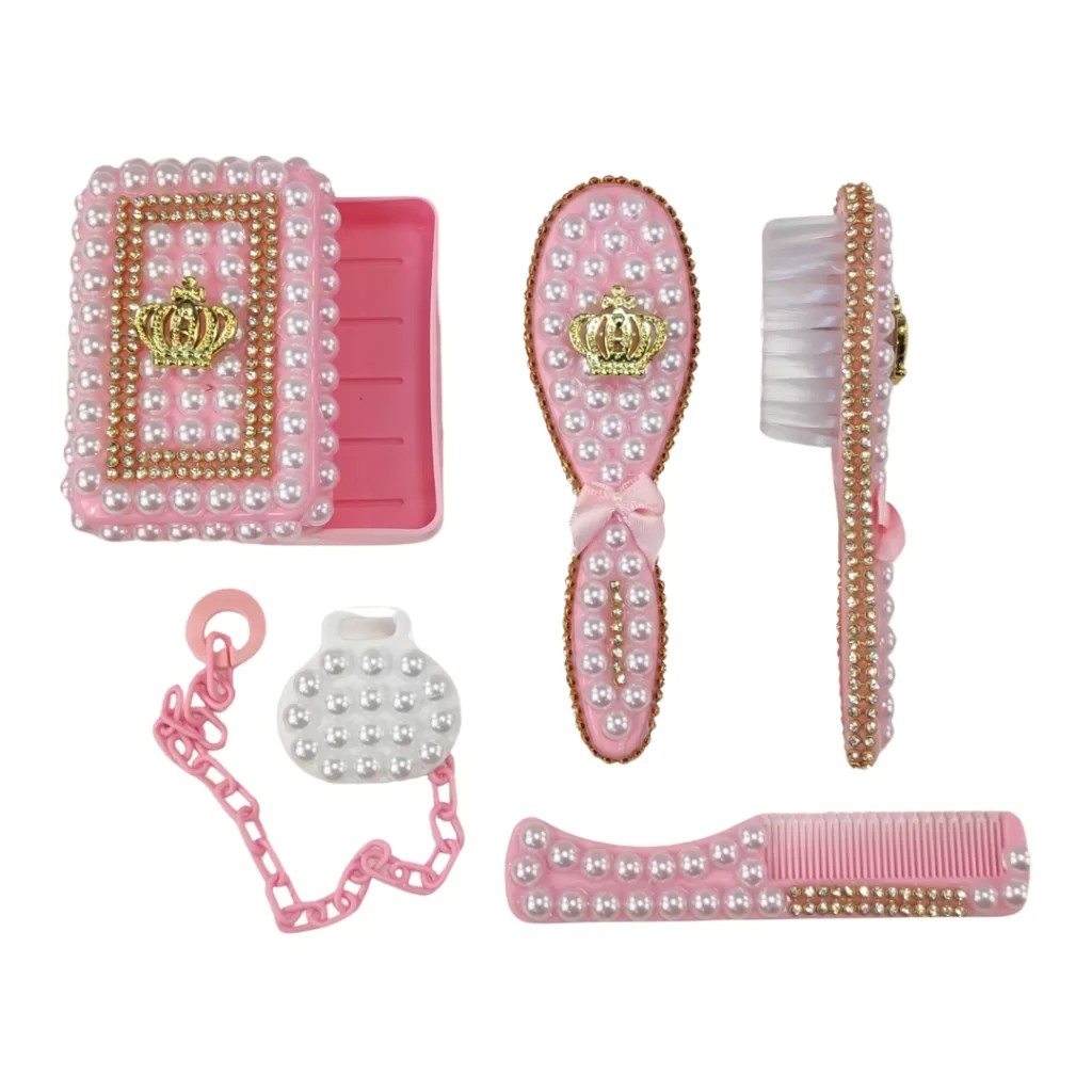 Kit higiene para bebê Escova + Pente + Saboneteira + Prendedor de Chupeta luxo decoradocomPérolas
