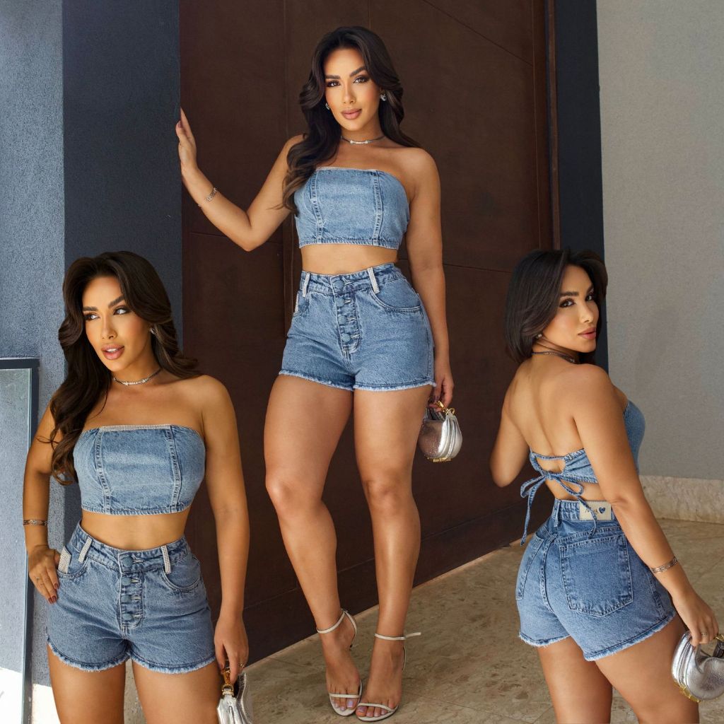 Conjunto Jeans Feminino Cropped Top Short Manta Prata Strass Brilho Cintura Alta Sem Lycra Elastano