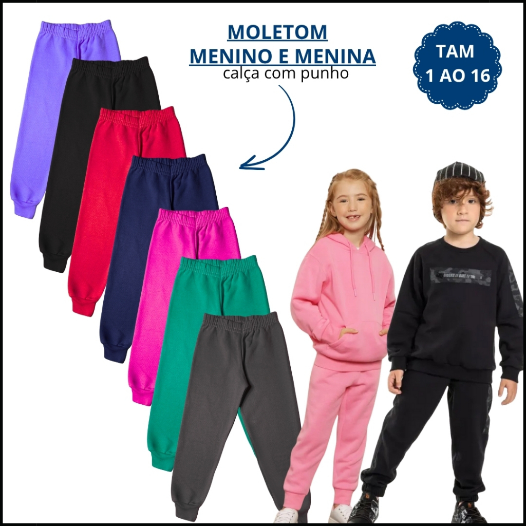 Kit 3 Calça de Moletom Peluciada Infantil com Punho Lisa e Flanelada Frio Inverno Escolar dia a dia