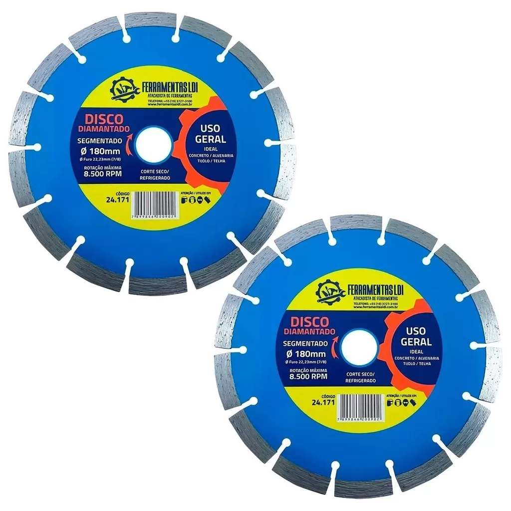 2 Disco Diamantado de Corte 7 180mm Segmentado 22mm LDI P/ Alvenaria Concreto
