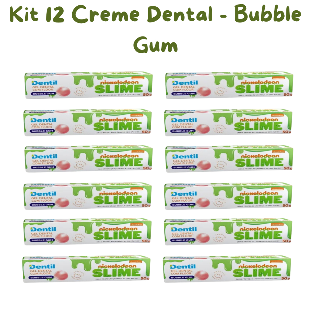 12 Gel Dental Dentil Slime Infantil C/ Flúor – Sabor Bubble Gum – Promoção
