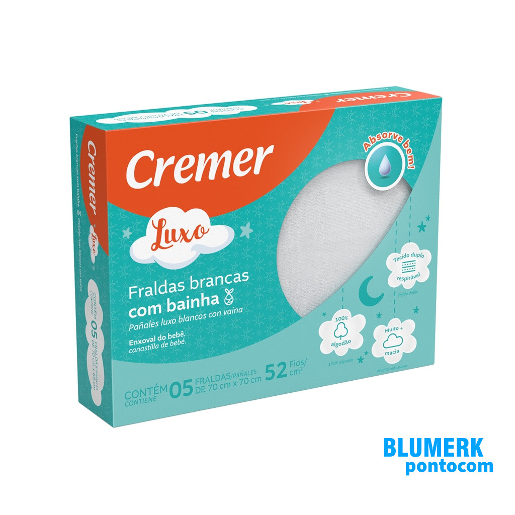 FRALDAS DE PANO C/ BAINHA BRANCAS 5un – CREMER LUXO