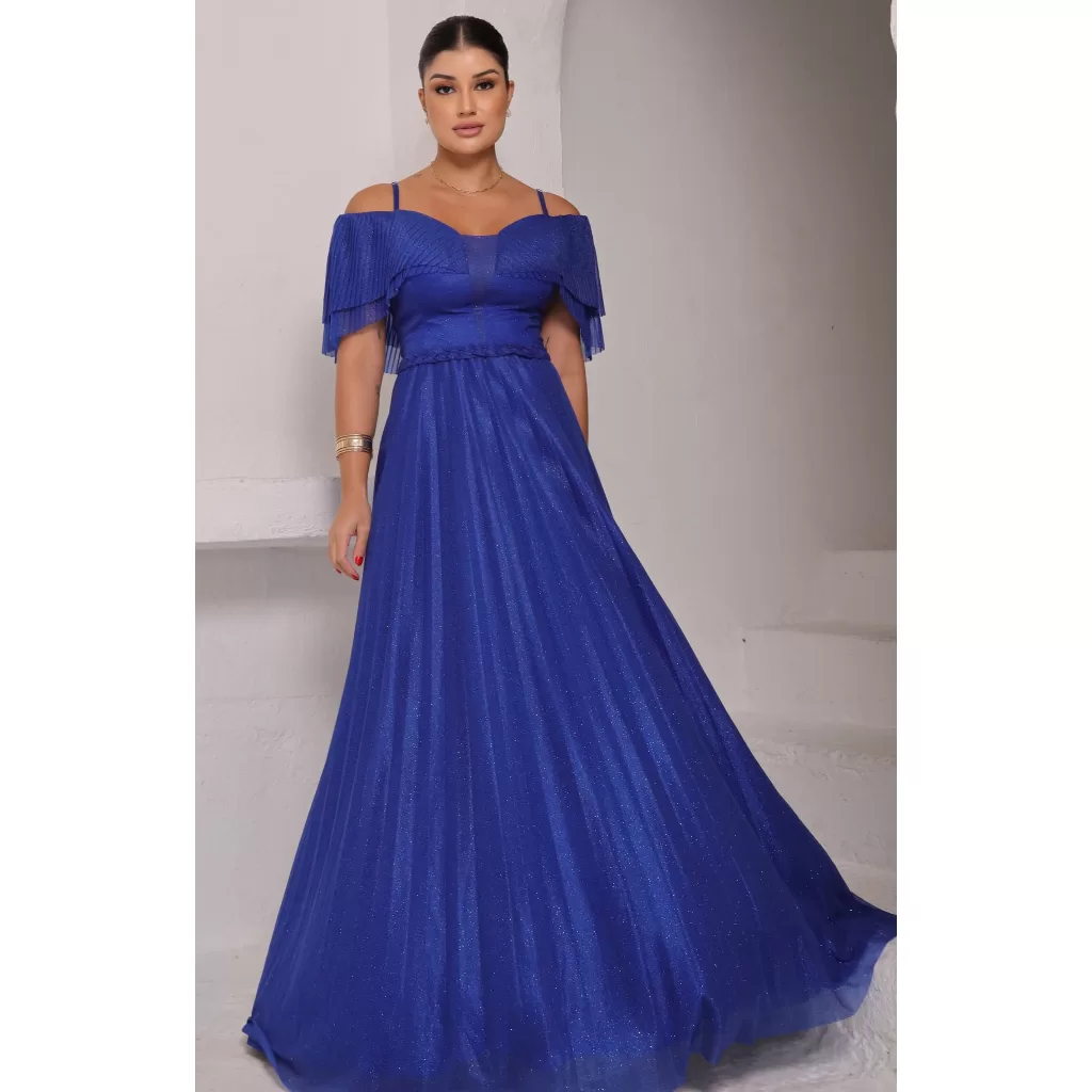 Vestido Feminino Longo de Festa Manga Ciganinha De Tule Plissado Brilhante Casamento Formatura