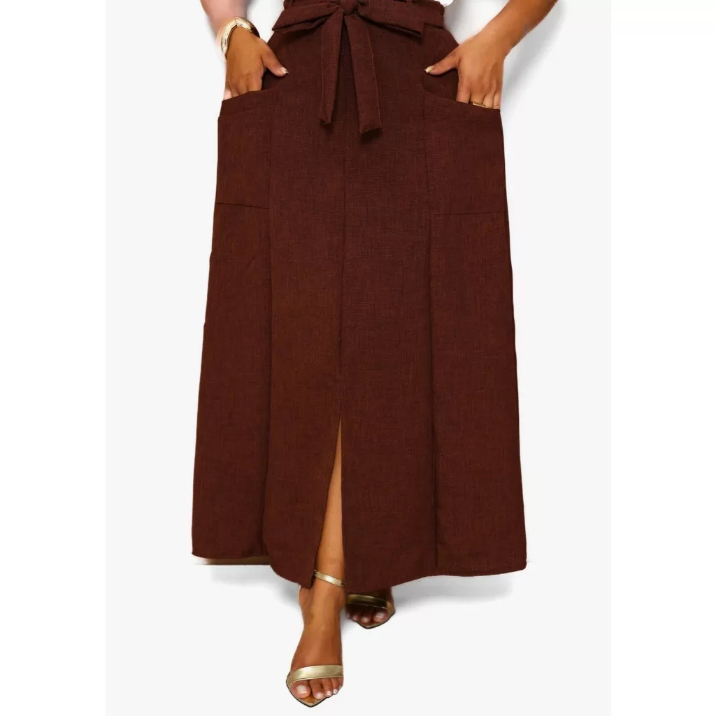 Saia Longa Cintura Alta de Linhão forrada, com fenda, bolso, tecido estruturado -G-GG