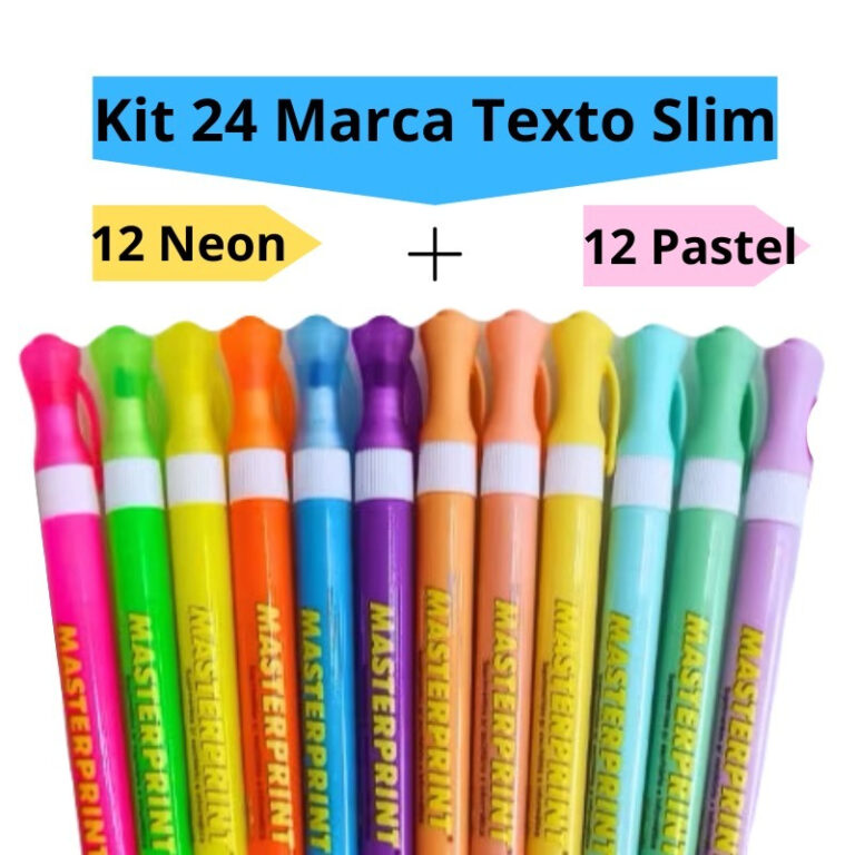 Kit 24 Caneta Marca Texto Slim (12 Neon + 12 paste