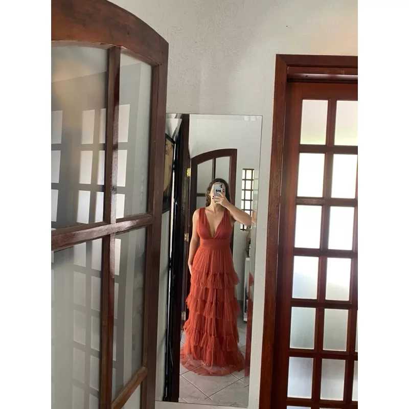 vestido de festa longo madrinha formatura casamento convidada debutante elegante terracota