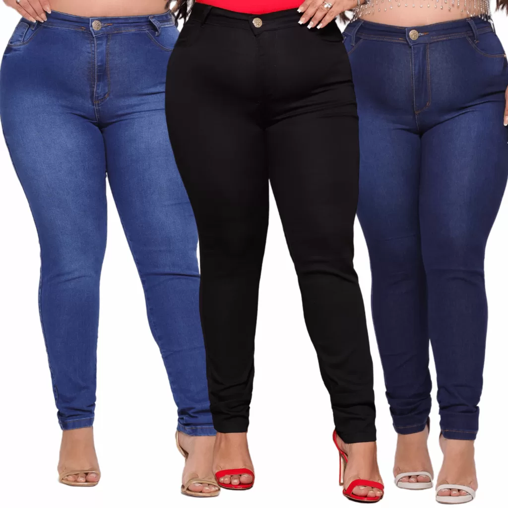 Kit 3 Calças Plus Size Jeans Elastano Feminina Luxo 48 Ao 54 Moda Grande Cintura Alta Modeladora