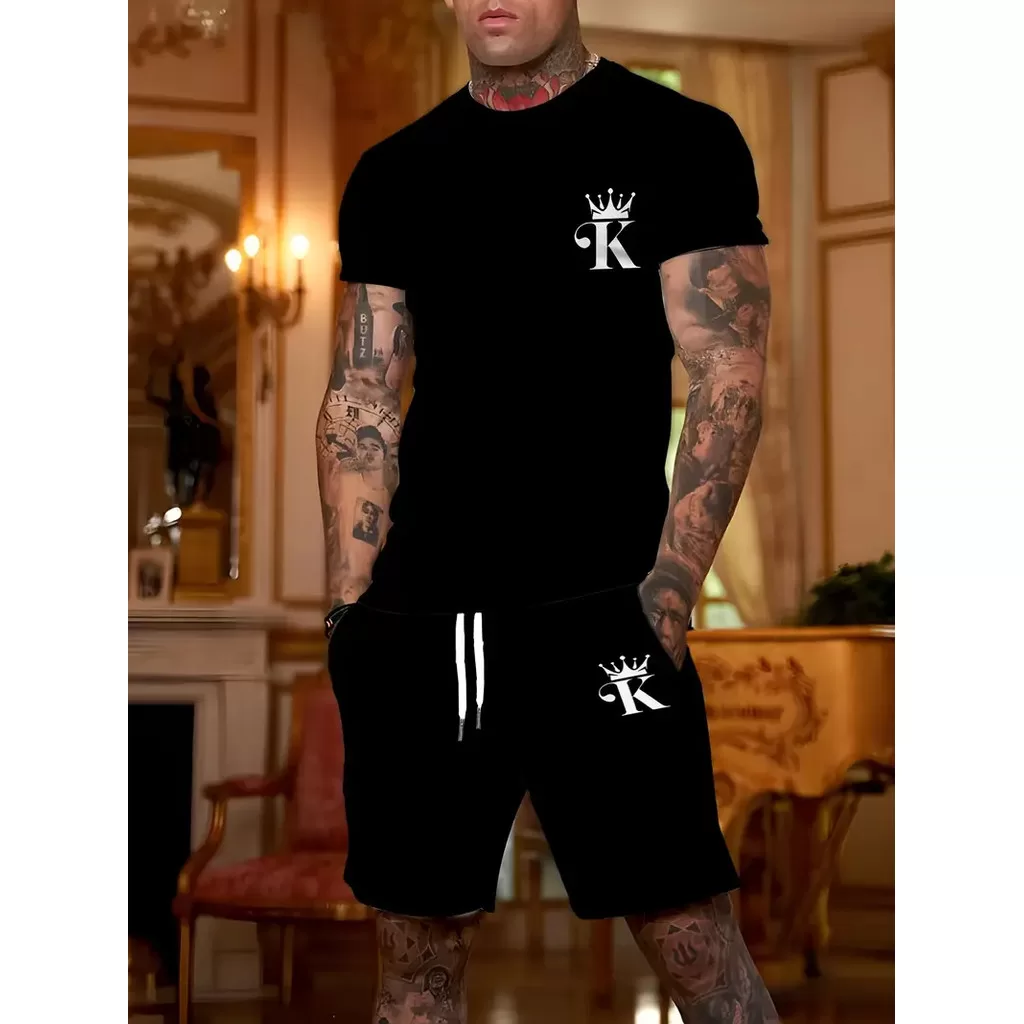 Camiseta Masculina Algodão e Bermuda Moletom Preta Promoção