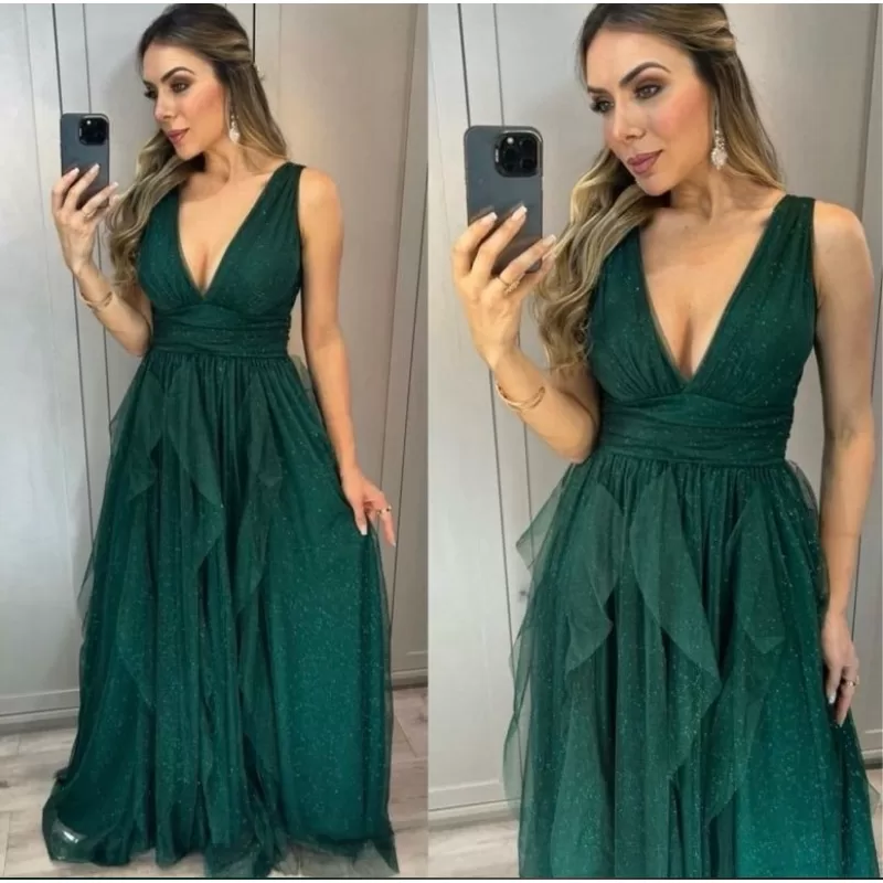 vestido de festa longo madrinha formatura casamento convidada debutante elegante tule verde esmerald