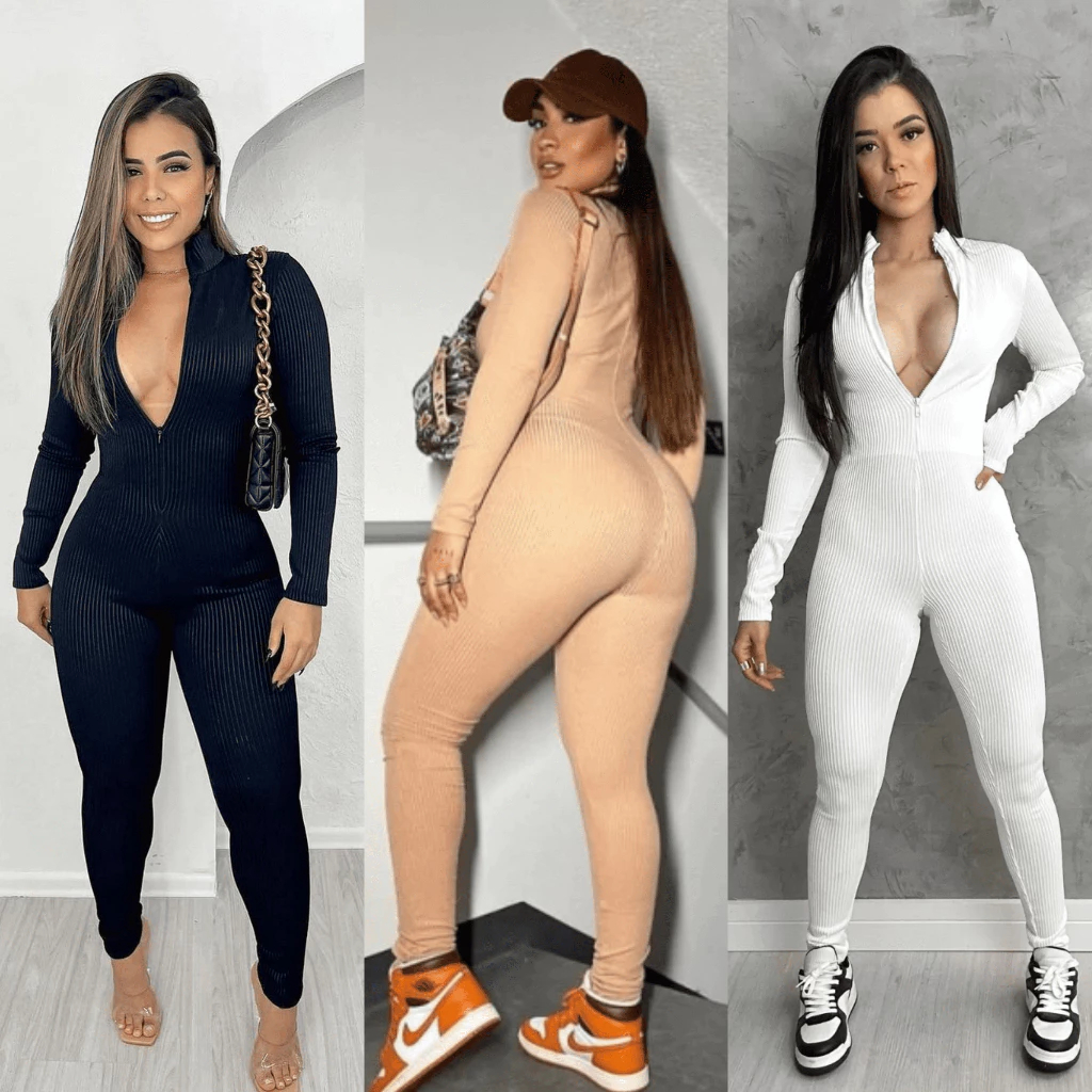 Macacão Longo Canelado 3D Premium Zíper Frontal Virgínia Moda Gringa Manga Longa