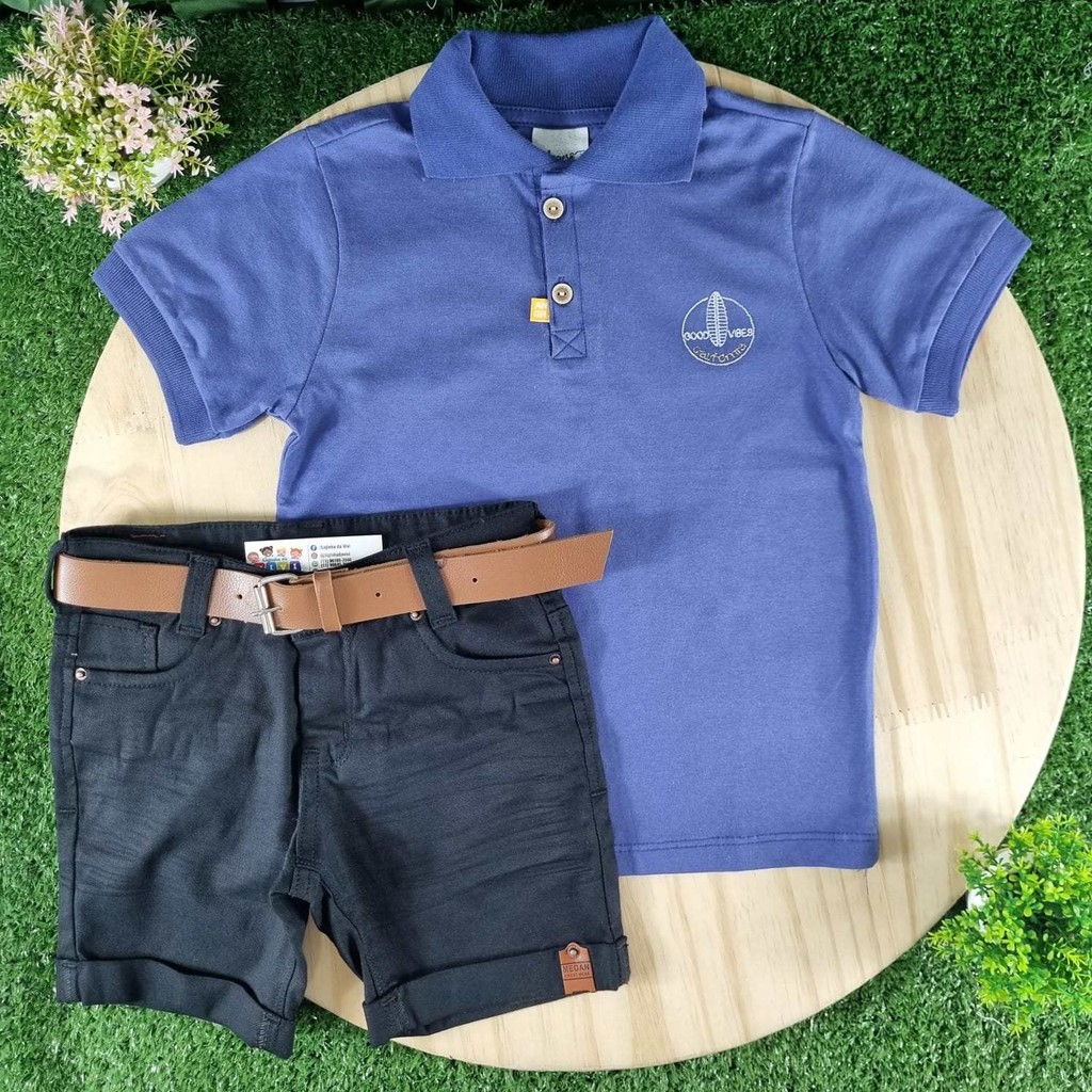 Bermuda Preta com Camiseta Polo Azul Good Vibes Infantil