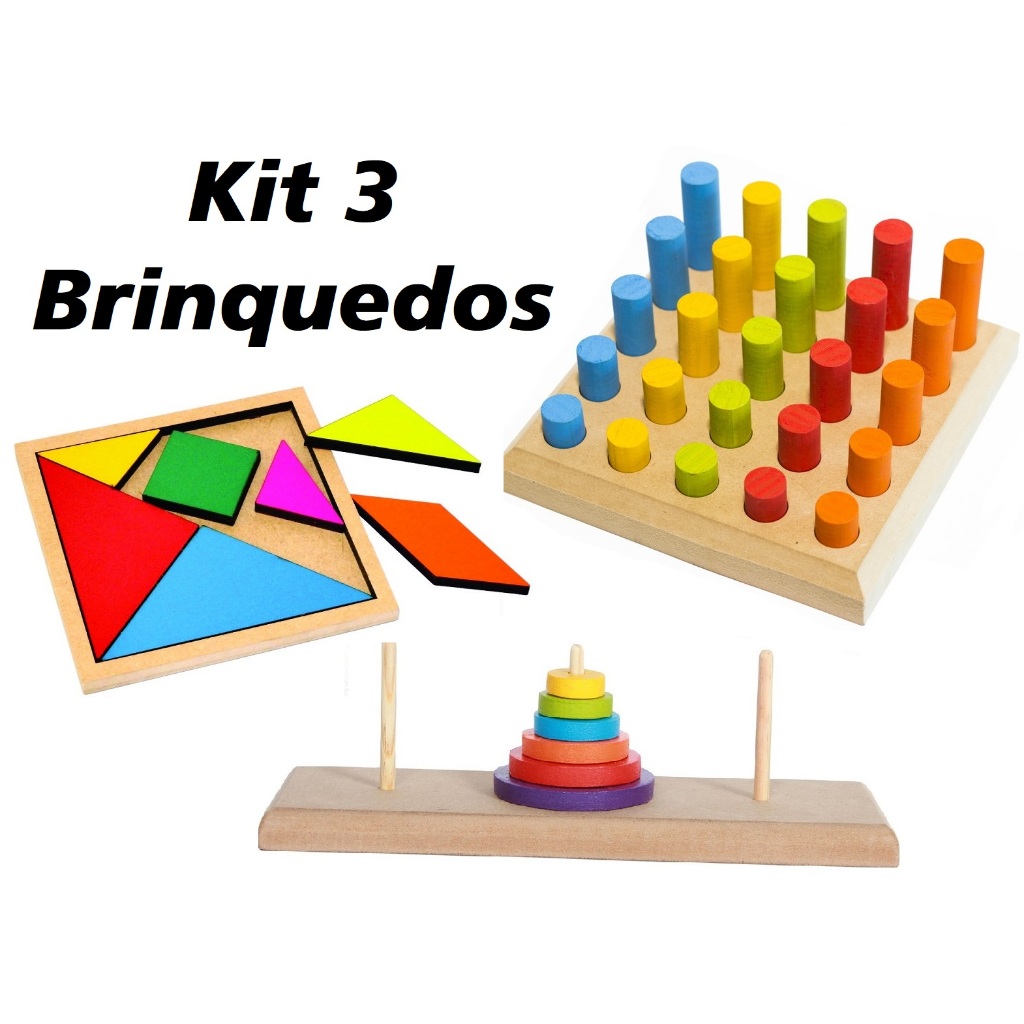Kit 3 Brinquedos Educativos Torre de Hanói, Tangram, Pinos | TEA TDAH Terapeutico MDF e EVA
