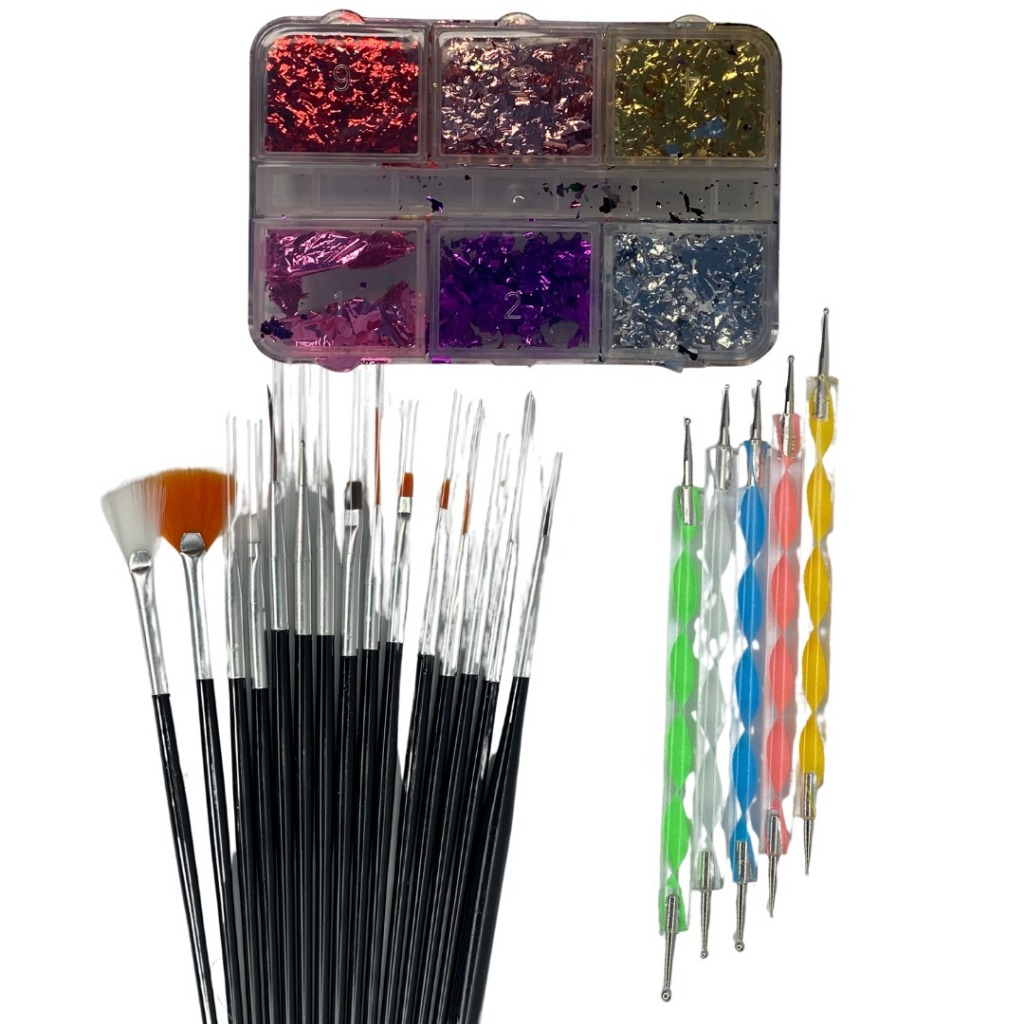 Kit Unhas 15 Pincéis + Esmalte Gel Ponta finar + Folha de Ouro ou Fita Metalizada -Decoração Nail Ar