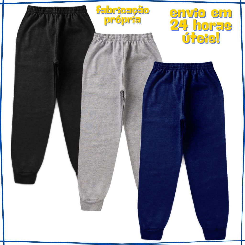 Kit 3 Calças Moletom Flanelado Escolar Infantil Juvenil
