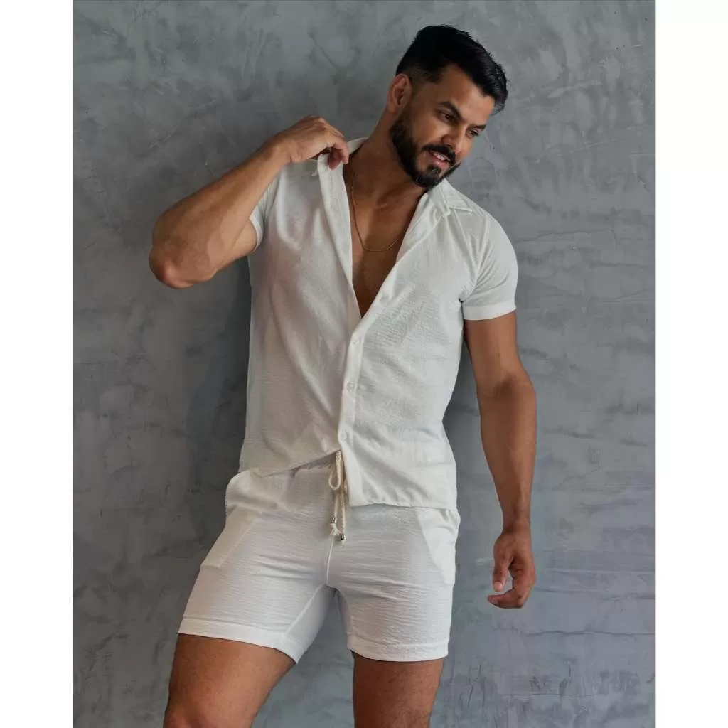 Conjunto Masculino Luxo Bermuda Short+ CamisaCamisa Homem Moda Praia Tendencia 2025 Elegante
