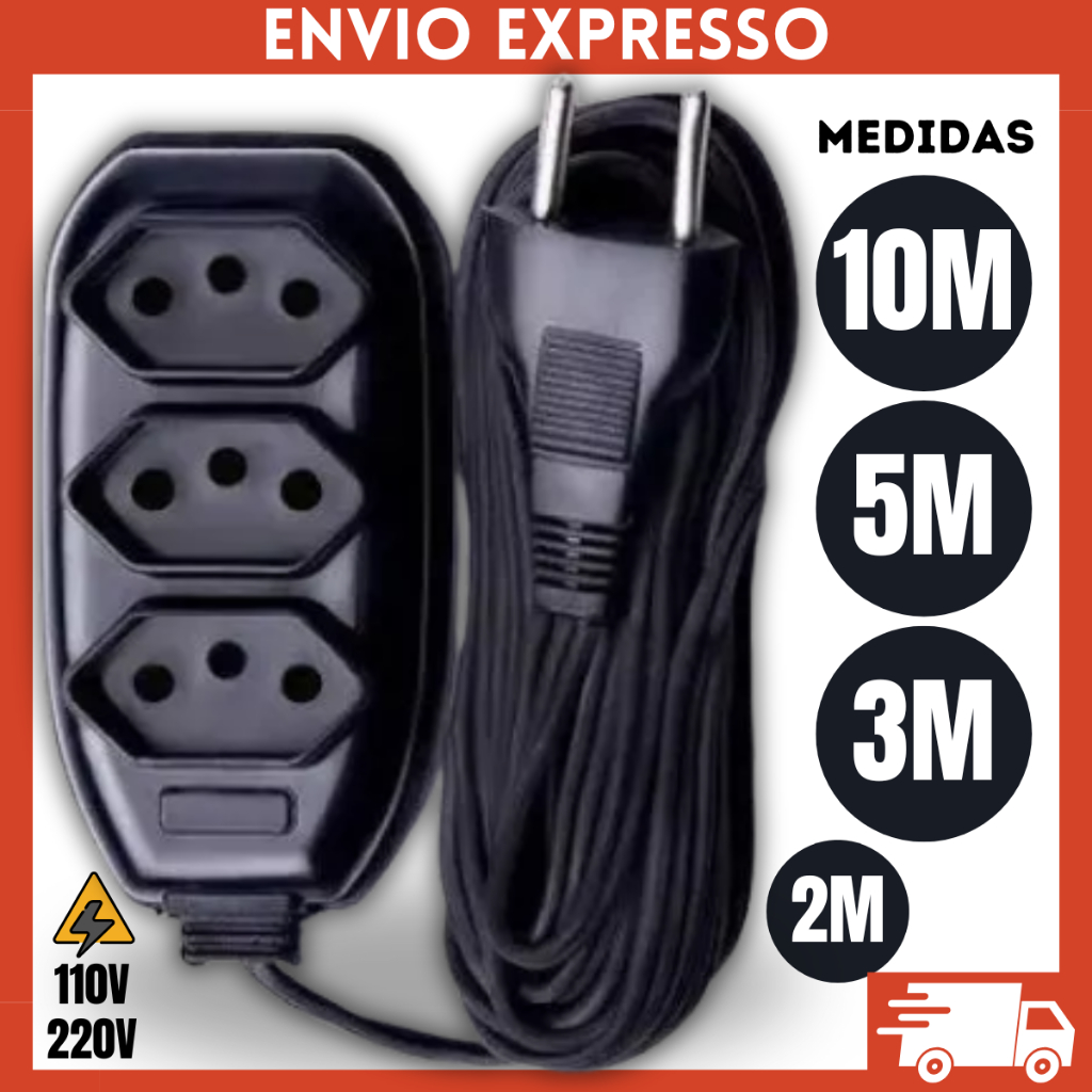 Extensão Elétrica 3 Tomadas 10A Bivolt 2m / 3m / 5m / 10m Resistente Alta Qualidade