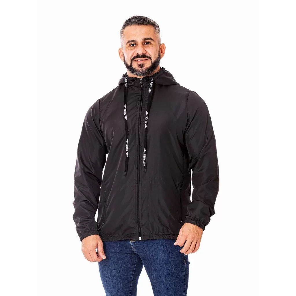 JAQUETA CORTA VENTO MASCULINA COM FORRO na frente Microfibra Toque Macio Capuz Elástico Mangas