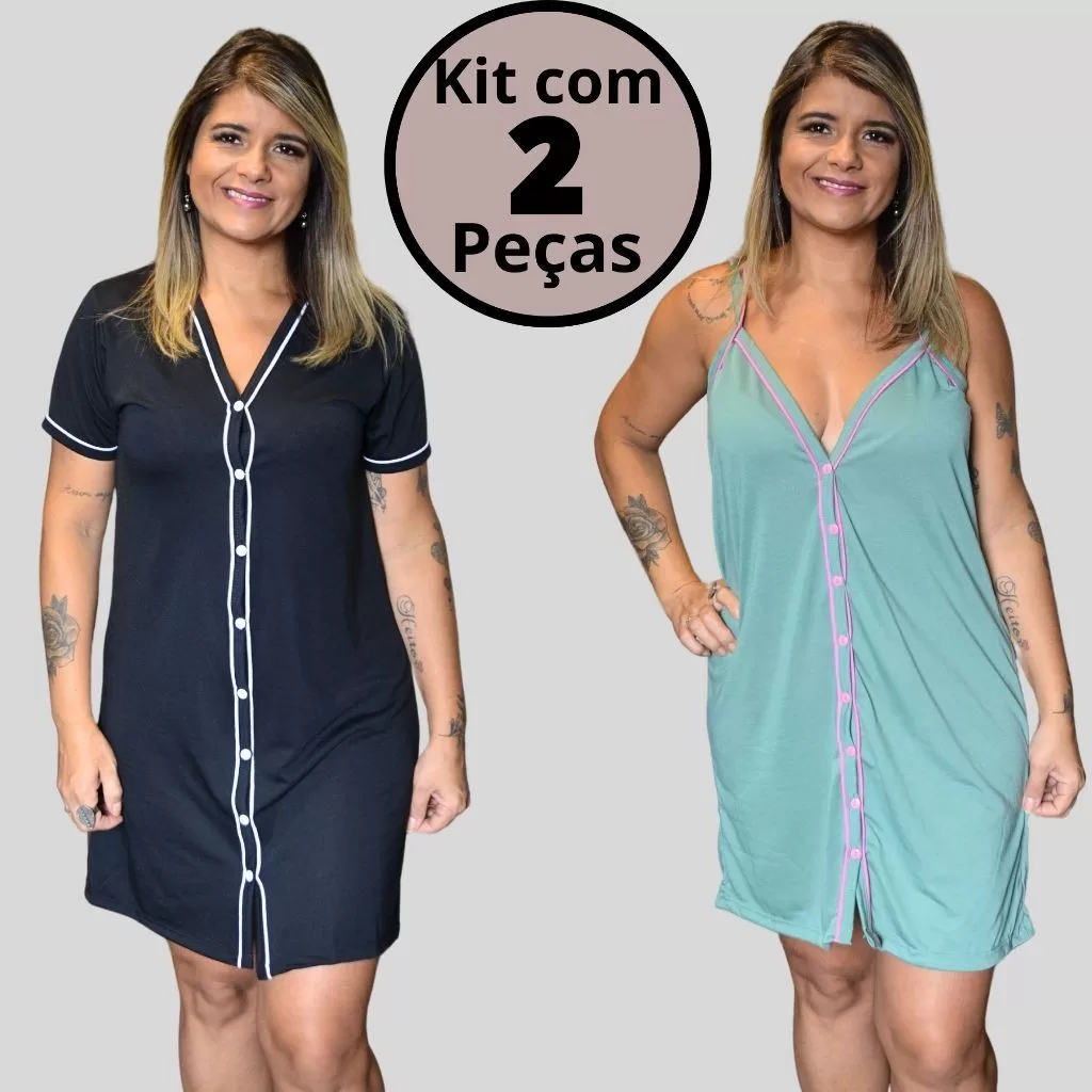 Kit 2 Camisolas Amamentação Cirúrgico Camisola de Botões em Malha Cores Sortidas