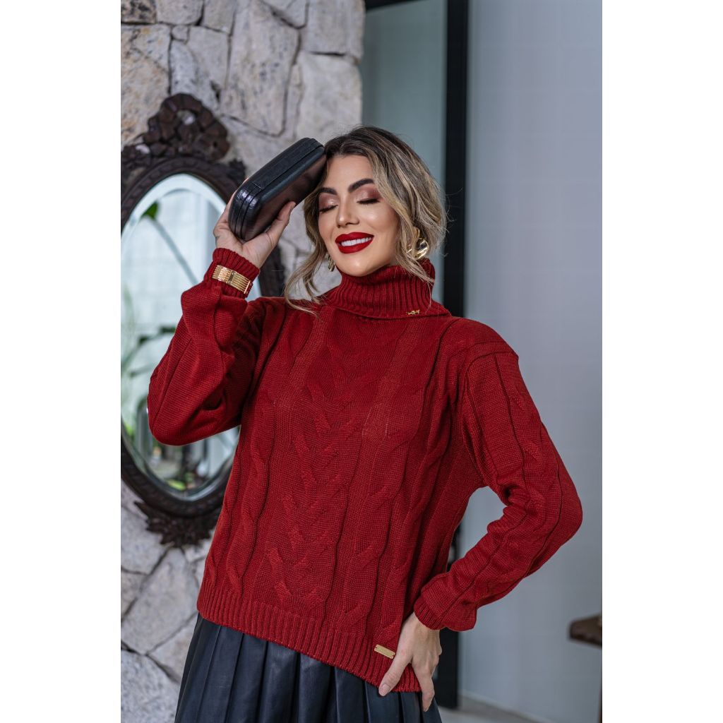 Blusa Tricot Inverno Tifany Moda Feminino Blusinha Manga Longa Trança Gola Alta