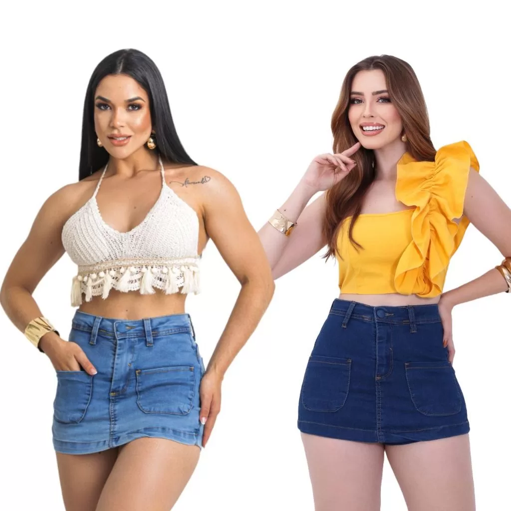 Short Saia Jeans Feminina Cargo Cintura Alta Levanta Bumbum Original elastano laicra