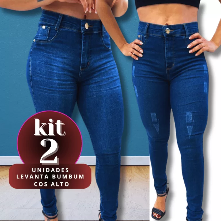 Kit 2 Calças Feminina Skinny Puido Azul e Bigode 