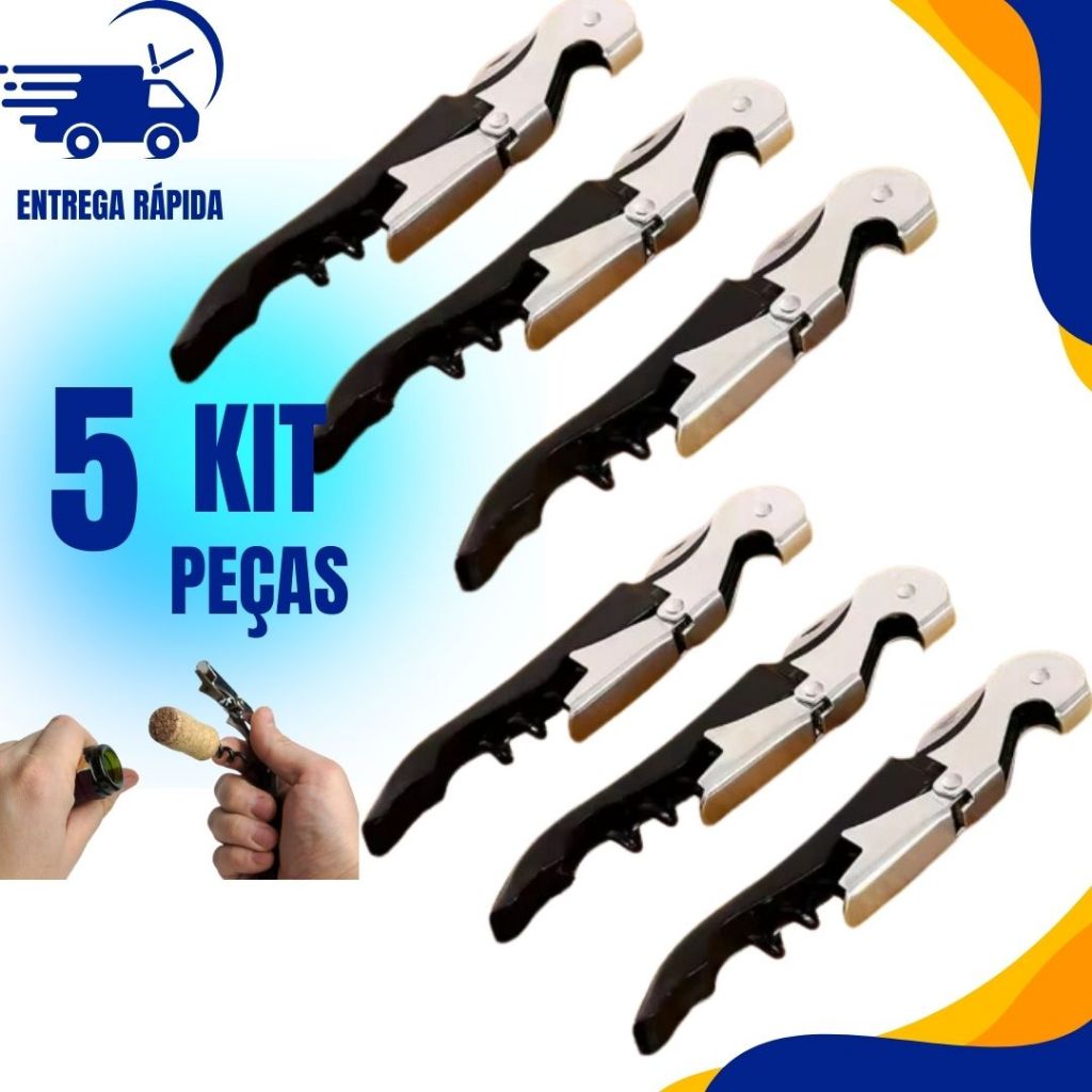 Kit 5 Saca Rolhas Abridor de Garrafa de cerveja em Inox Cortador de Capsula 3 em 1