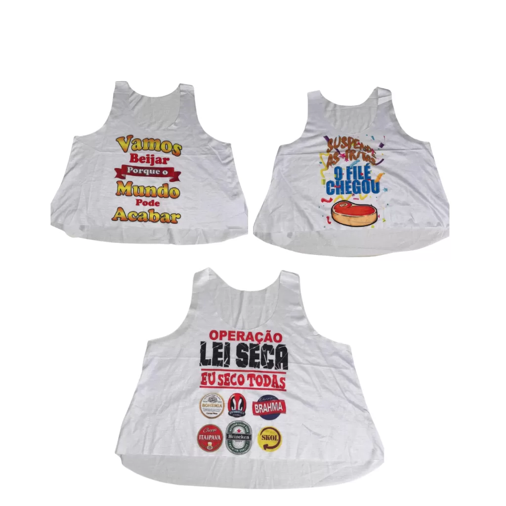 Kit 03 Cropped Regata Carnaval Cor Branca  Estampa Frase Sortidas – Feminino