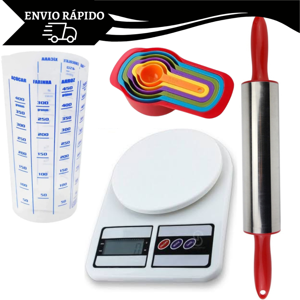 Kit Confeiteira Copo de Medida + Balança Digital 10kg + 6 kit Colheres de Medida + Rolo