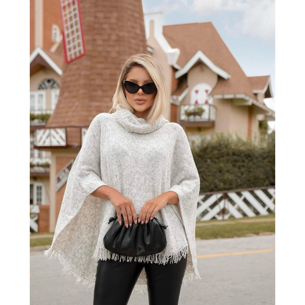 Casaco Poncho Feminino Tricot Mousse Premium Gola Alta Franjas Elegante Moda Inverno