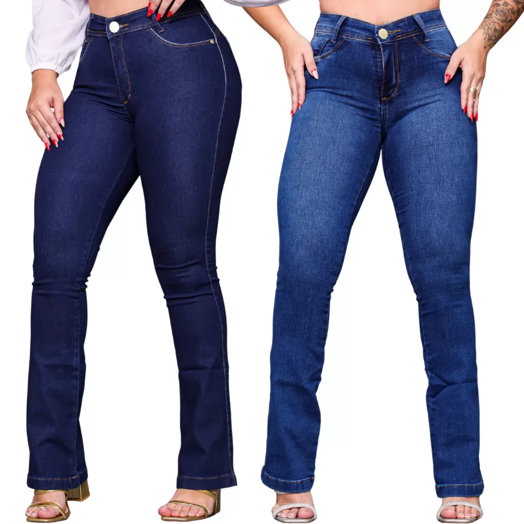 Kit 2 Calça Flare Jeans Premium Empina Bumbum Com Elastano Boca De Sino Premium Modeladora Cintura A